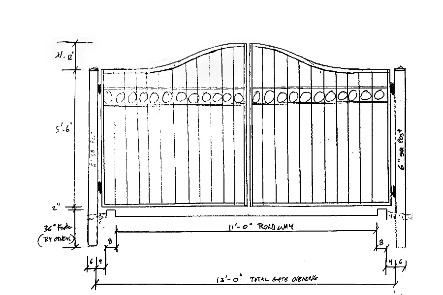 Drawing of blueprint for a metal gate for a eleven foot roadway