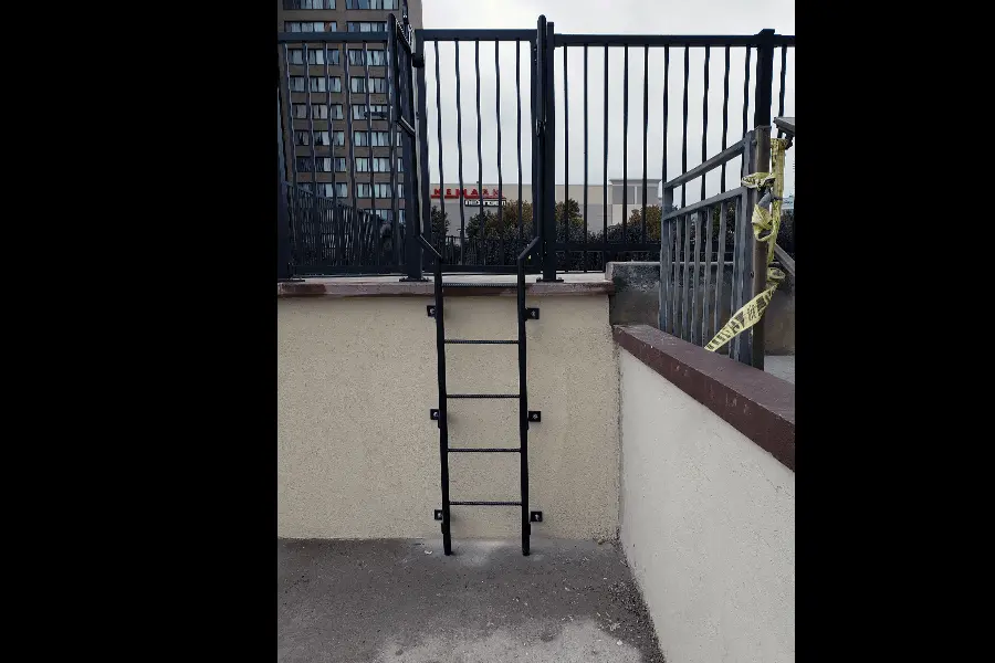 Photo of black metal fixed ladder attached to a concrete roof