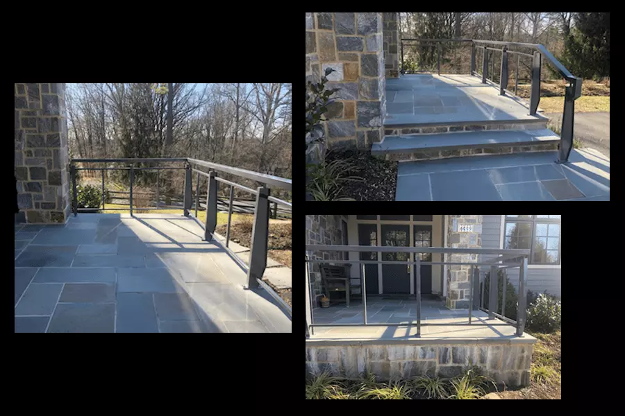 Three photos of a grey metal specially designed railing for an outdoor patio
