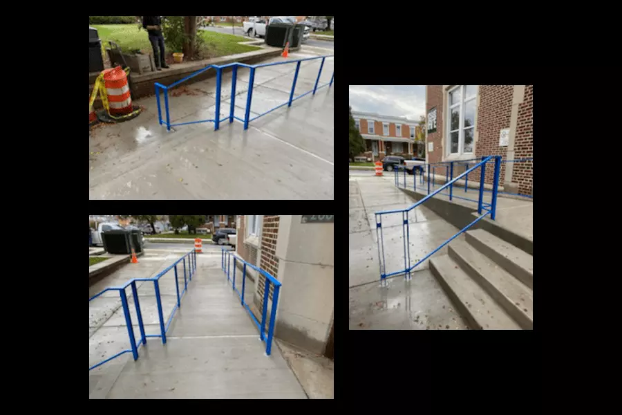 Three photos of a blue specially designed railing for an outdoor staircase and ramp