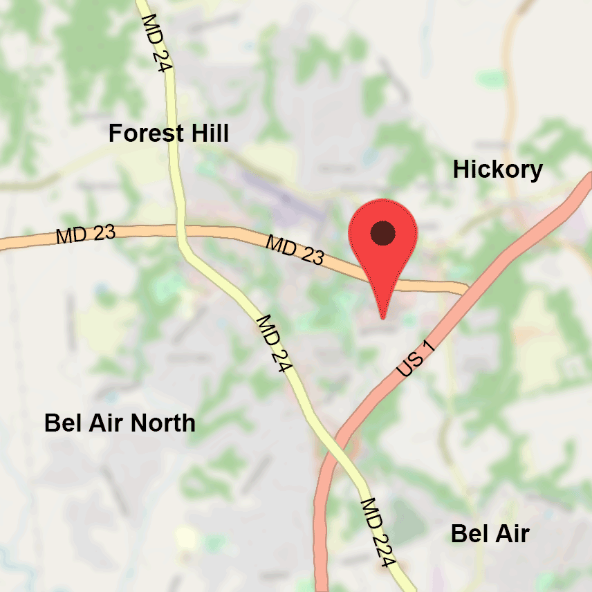 Map of E-A Enterprises LLC's location in Maryland, with Forest Hill to the northwest, Hickory to the northeast, Bel Air to the southeast, and Bel Air North to the southwest.